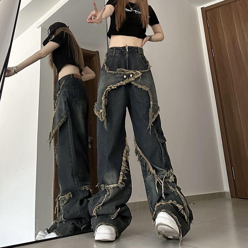Vintage High Street Wide Leg Jeans American Retro Style Loose Fit Denim Pants Women Spring Summer