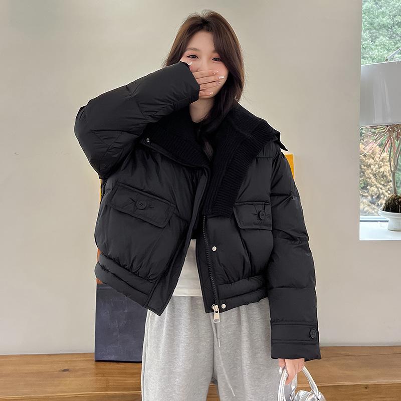 

Женская короткая хлопковая куртка с большим лацканом, новая зимняя модель 2025 года, хлопковая куртка с завышенной талией, зарубежная куртка-пуховик M чёрный
