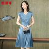 Hengyuanxiang Elegant Slim Fit V-Neck Short Sleeve Silk Dress