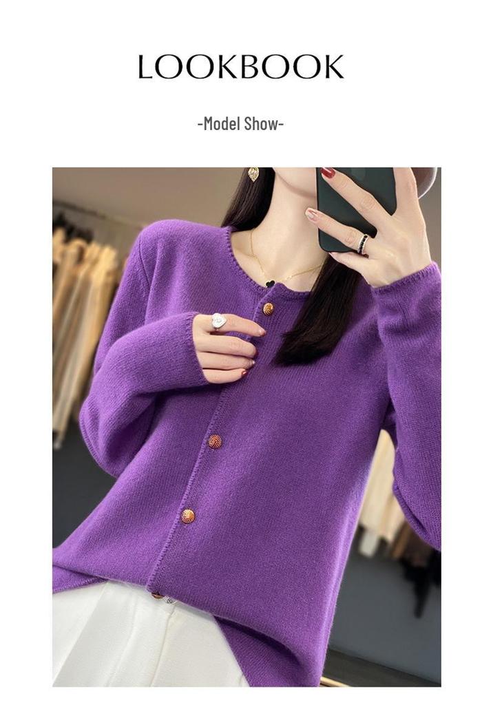 Women's 100% Wool Loose Slimming Round Neck Cardigan with Metal Buckle