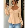 Women V Neck Drawstring Ruched Solid Color Loose Long Sleeve Casual T Shirt