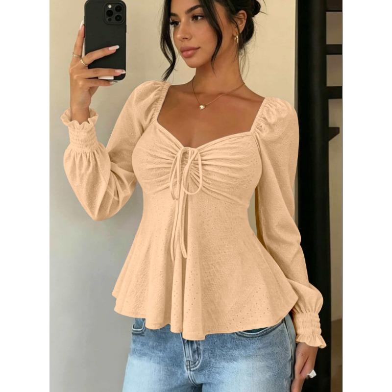 Women V Neck Drawstring Ruched Solid Color Loose Long Sleeve Casual T Shirt