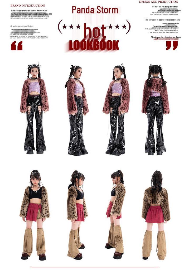 Set alla moda con giacca in pelliccia e pantaloni lunghi a stampa leopardo per performance di danza jazz per bambine