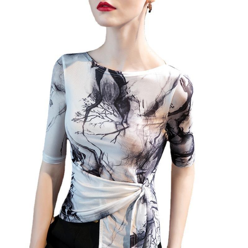 Kurzarmhemd Damen Sommerkleid, Neues Netz-Print-Oberteil, Unregelmäßiger Auslandsstil Träger Taille, Schönes Hemd