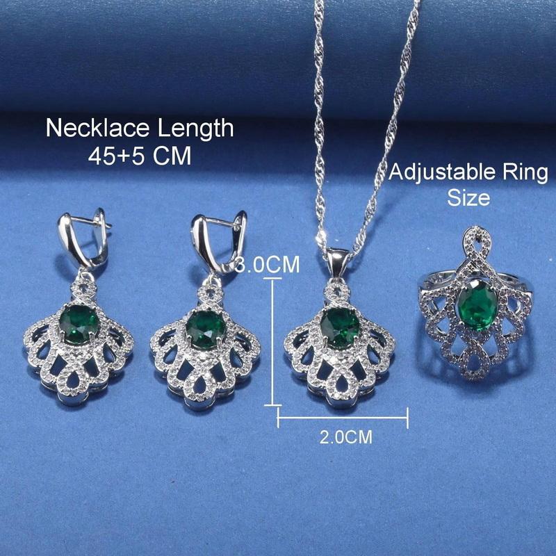 Elegante Damen Luxus Herz Armband Grün Große Schmucksets Accessoires Hochzeit Halskette Und Ohrringe Braut Verstellbarer Ring