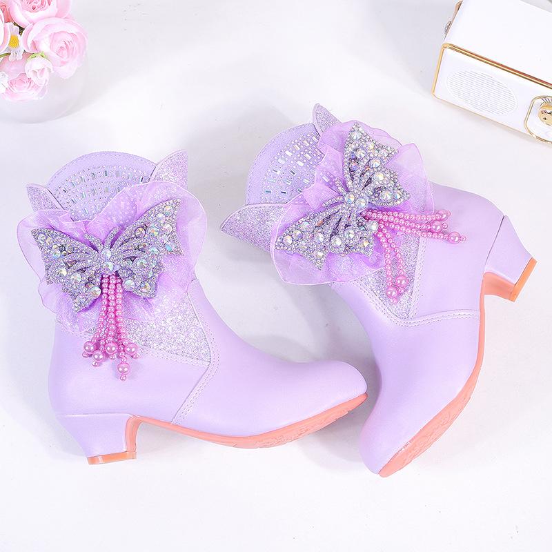 Girls Princess Boots High Heel Bowknot Plush Warm Children's Mid-calf Boots