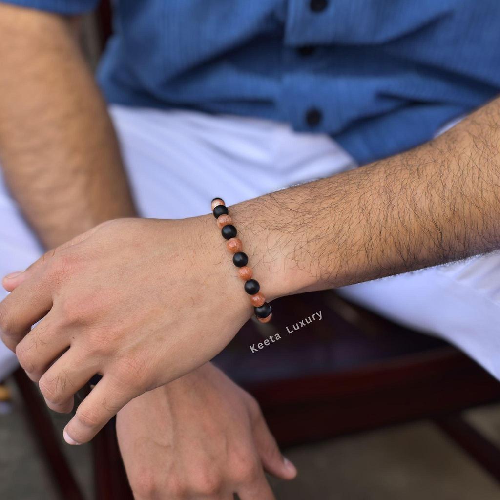 Natural Sunstone and Onyx Beaded Bracelet Two Stone Unisex Stylish Bracelet  Healing Gemstone Bracelet for Him Unique Friendship Bracelet