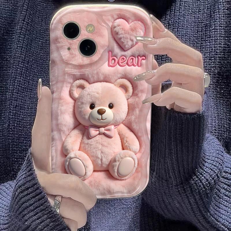 Cute Cartoon Pink Plush Bear Printed Phone Case For iPhone 17 16 Pro Max 15 14 13 12 11 Cover For iPhone Air 16E XS XR X Fundas