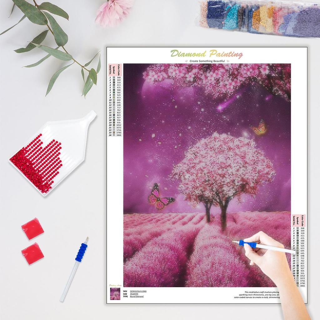 Full Round Diamond Painting Pink Tree Butterfly Diy Embroidery Landscape Cross Stitch Painting Picture Rhinestone Home Decor Art 30x40cm
