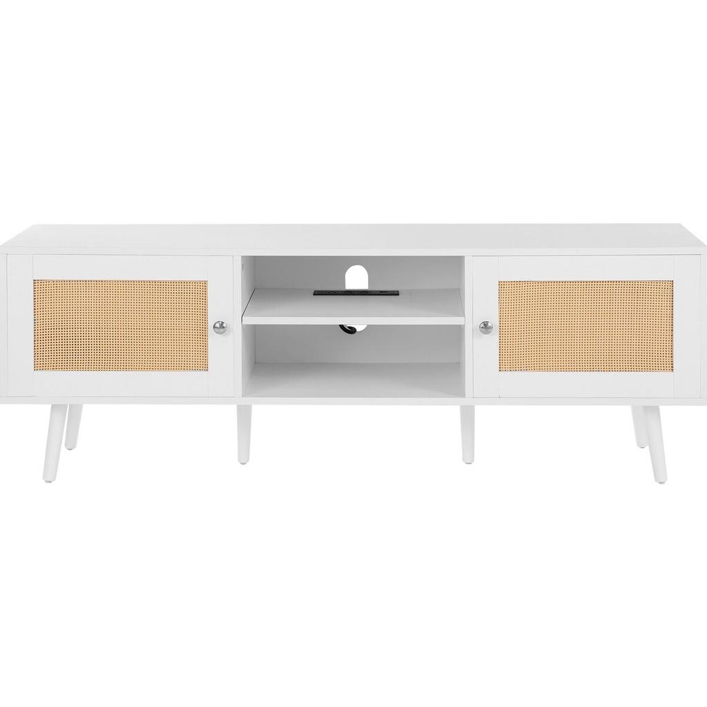 Rattan TV Stand for 65" TV Boho TV Stand with Build-in Socket White
