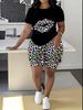 1116 new casual sports style digital printing shoulder sleeve T-shirt high waist tight shorts fashion suit women