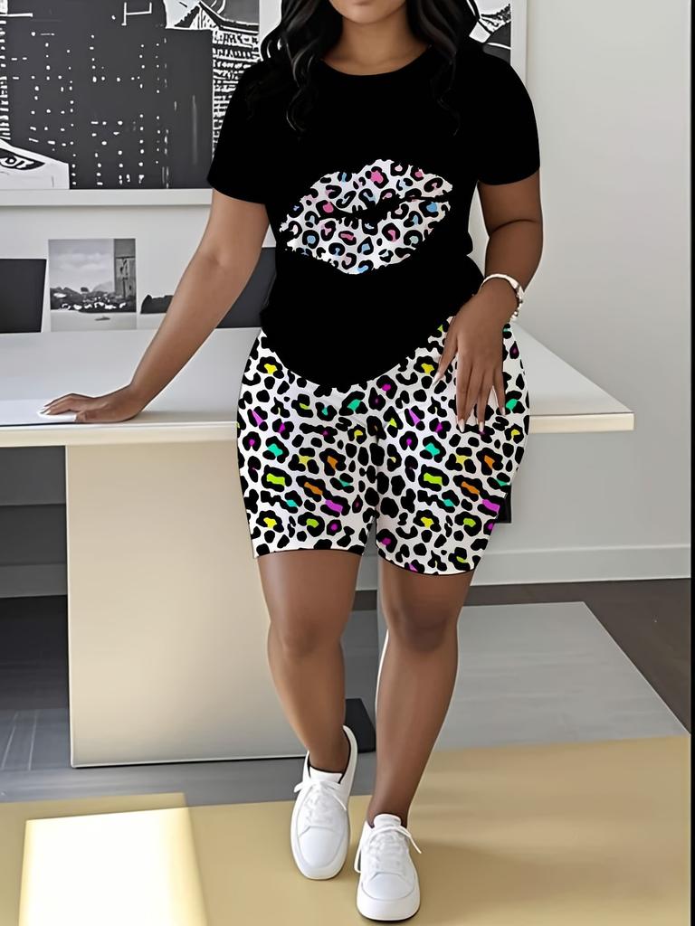 1116 new casual sports style digital printing shoulder sleeve T-shirt high waist tight shorts fashion suit women