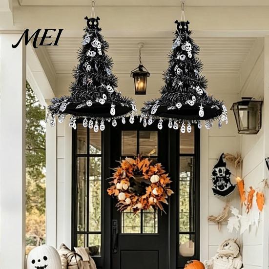 Reusable Festival Ornaments Halloween Witch Hat Pumpkin Decor, Metallic Rain Curtain Door Hanging Ornament for Wall Party, Spooky Festive Home