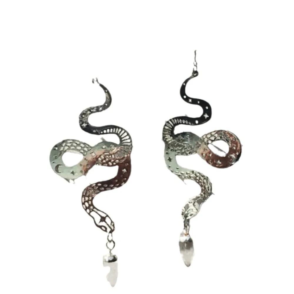 Gothic Punk Silver Color Stainless Steel Sun Hollowed-out Cobra Snake Crystal Pendant Dangle Earrings for Women Jewelry Gifts