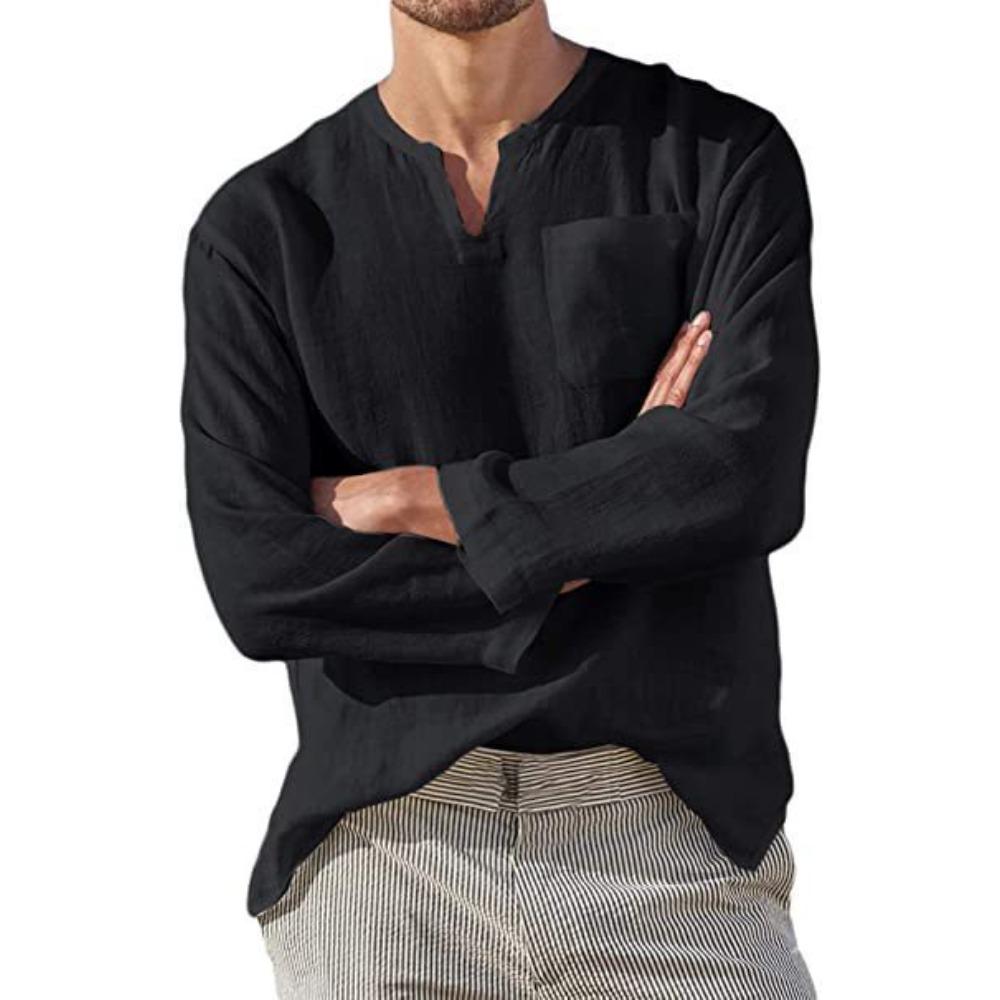 Men's Long-Sleeved V-Neck Casual Beach Linen Shirt