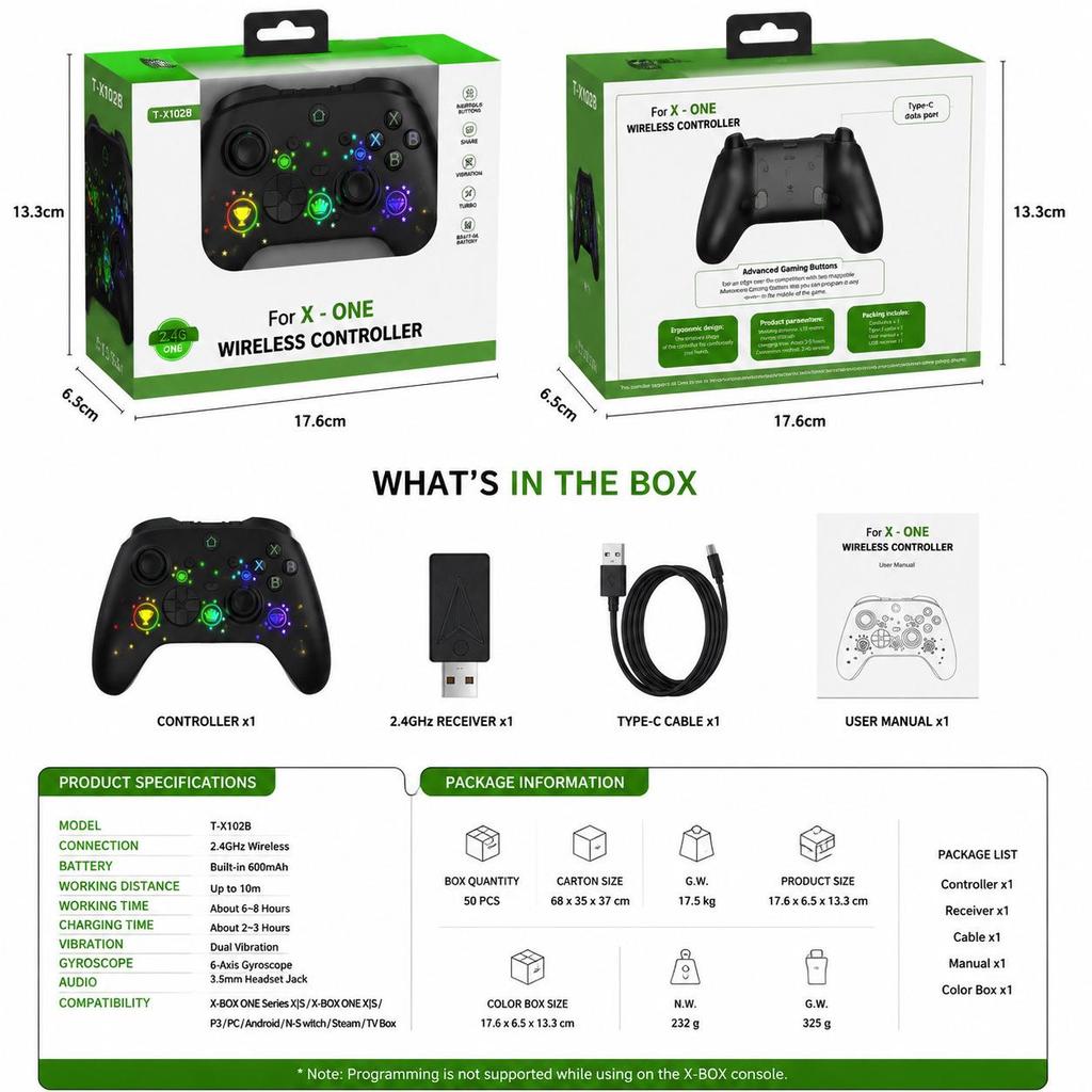 Xbox One/S/XSX Wireless Game Controller - PC, Android, Switch/P3 Compatible, Vibration & Lighting Features