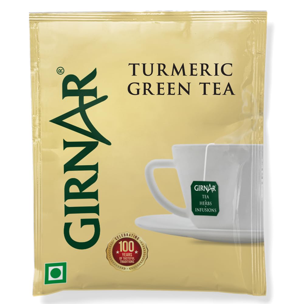 Girnar Green Tea with Turmeric Tea Bags 10 Count | Low Caffeine, Vegetarian, Allergen-Free Herbal Beverage