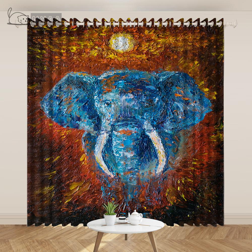 2PCS Exotic India Southeast Asia Style Oil Painting Curtain Auspicious Elephant Curtain Art Living Room Bedroom Custom Cortinas