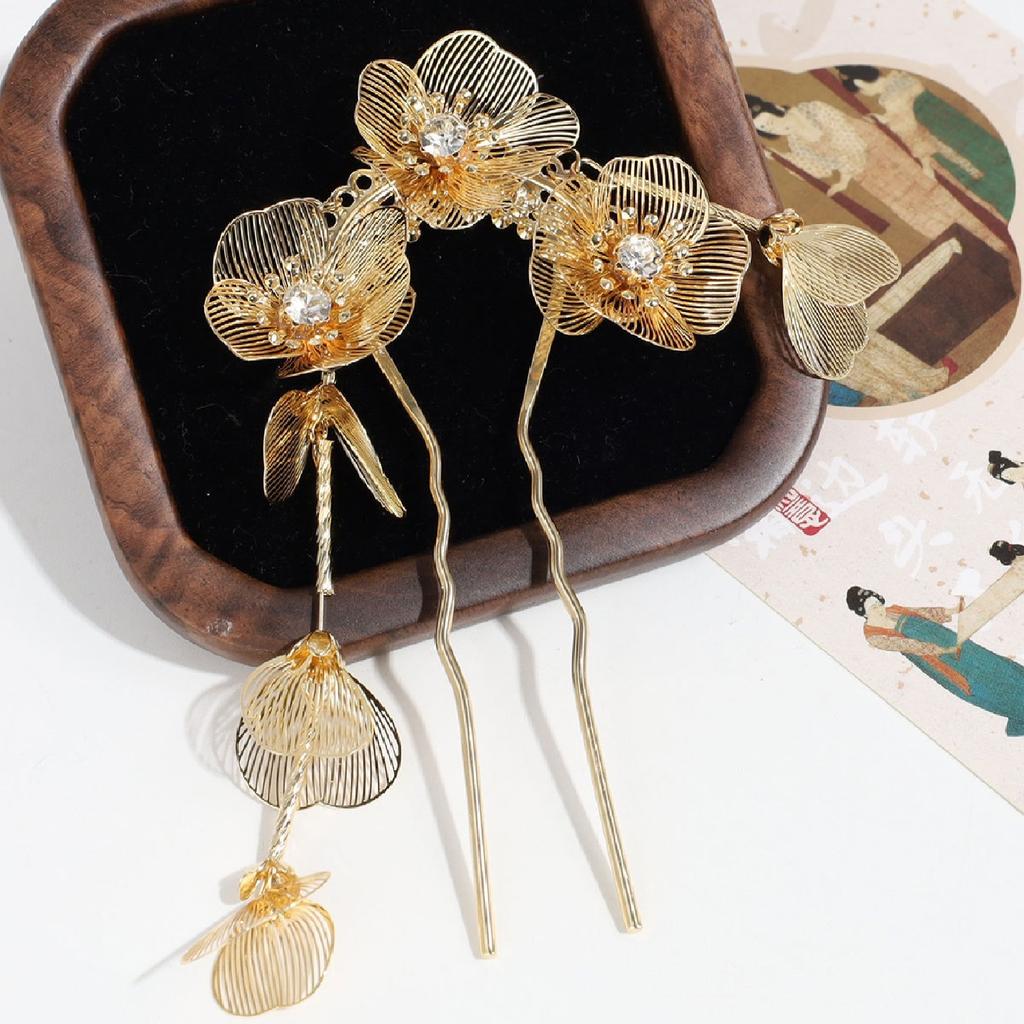 1PC New Chinese, Golden, Flower, Tassel, Hairpin, U-Shape Rhinestones, Chinese Style, Premium Feeling, Super Fairy, Hairpin, Tem