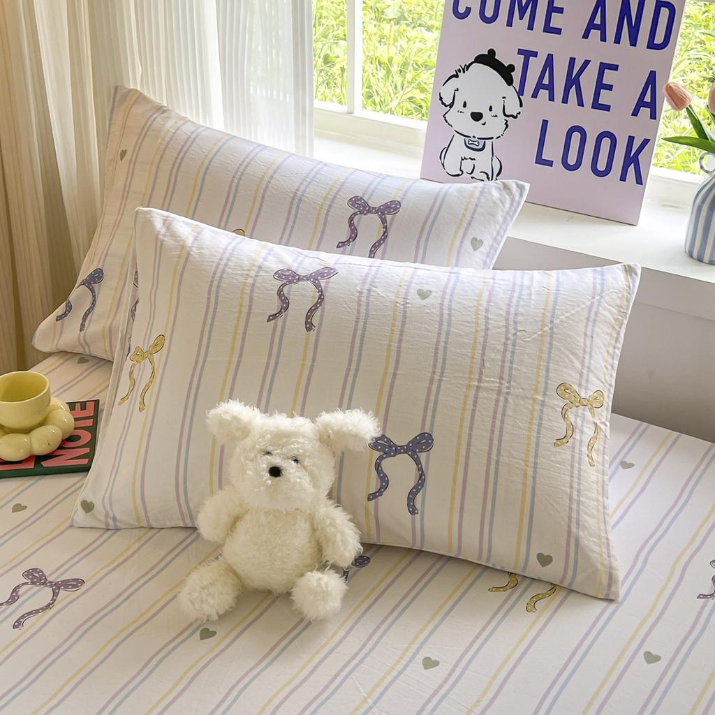 Striped Bow Bed Sheets Set Fitted Sheet Non Slip Bedspread With Elastic Band Mattress Cover (With Pillowcases) Double Bed Sheet