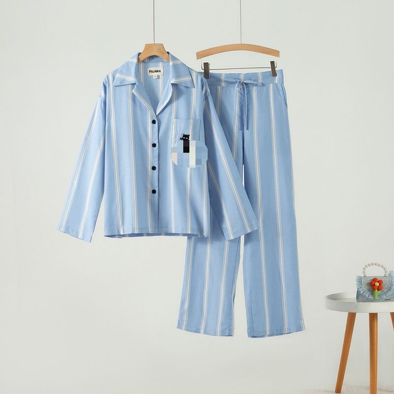 

Same Style Accessible Luxury Spring & Fall Winter Couple Pajamas Suit Women s Stripes Tencel Cotton Black Leopard Embroidered Homewear Can Be Outwear Blue and white stripes L