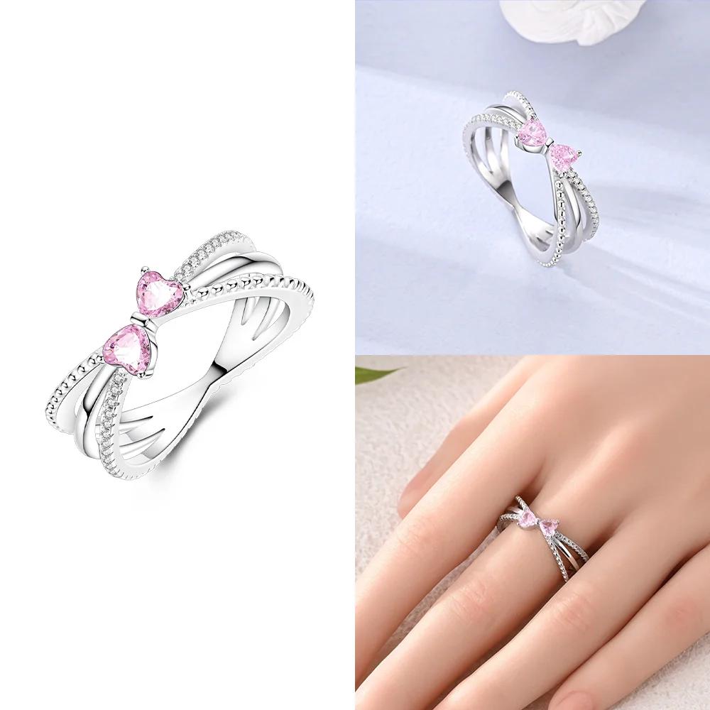 Authentic Pink Zircon Heart Bow Ring Copper Womens Accessories Jewellery Valentines Day Fine Ring Gifts Set High Quality