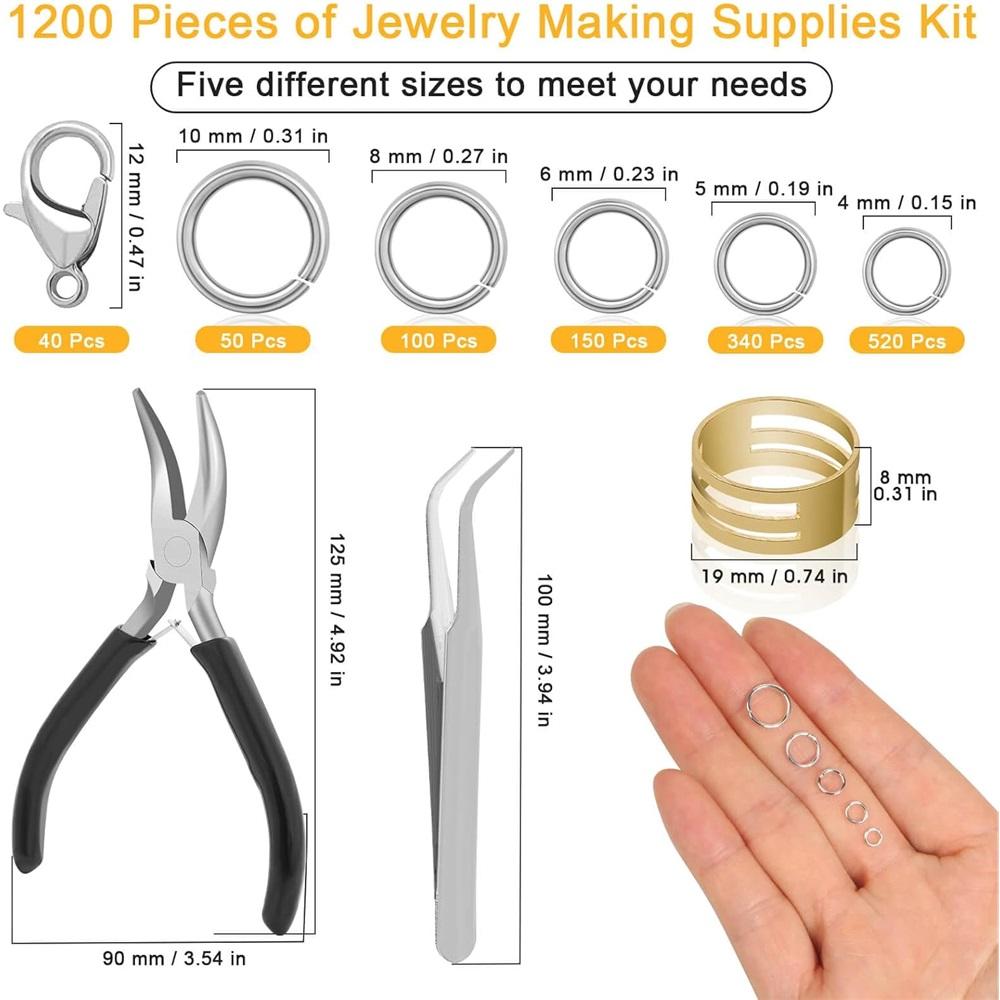 1200Pcs Jump Rings Kit With Lobster Clasps,Plier,Tweezer & Storage Box For DIY Necklace Bracelet Earring Jewelry Making Repair