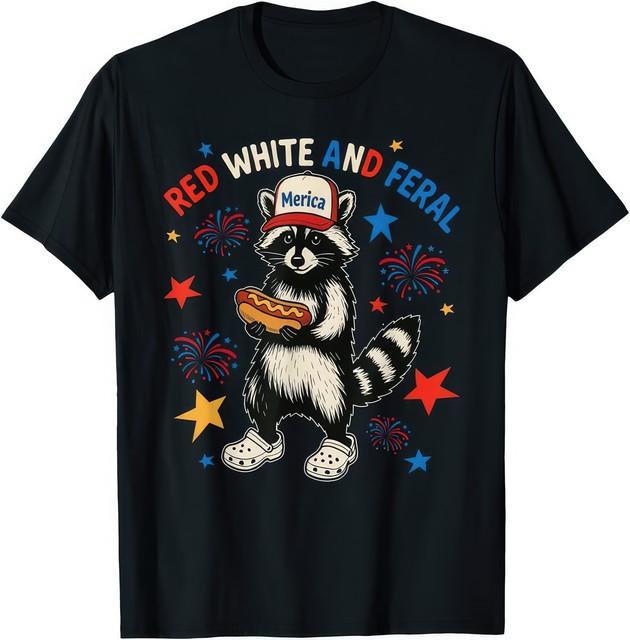 Red White And Feral America Raccoon Funny Patriotic Trash Panda T Shirt XXXL