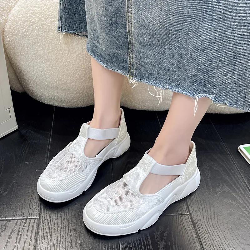 Lace Little White Shoes Women's 2025 Summer New One-pedal Platform Sandals Hollow Fisherman Shoes Breathable Flat Shoes