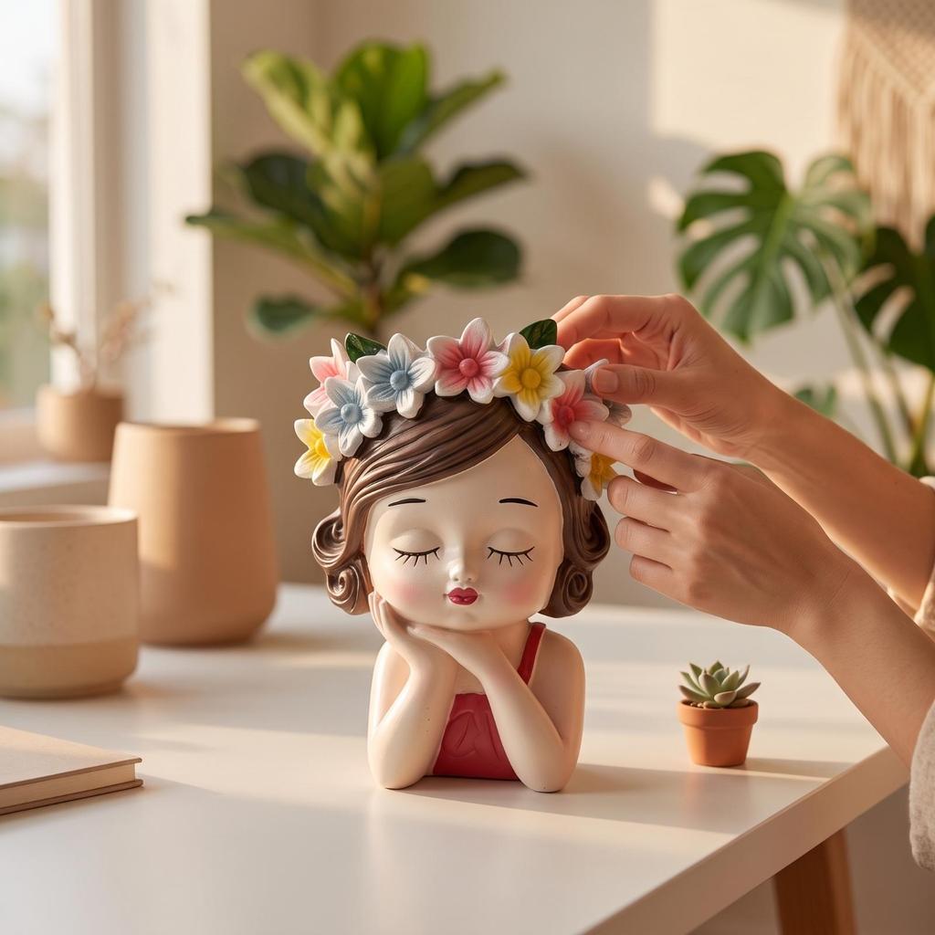 Girl Bust Flowerpot Indoor Head Planter Decorative with Flower Crown for Plant Lovers,