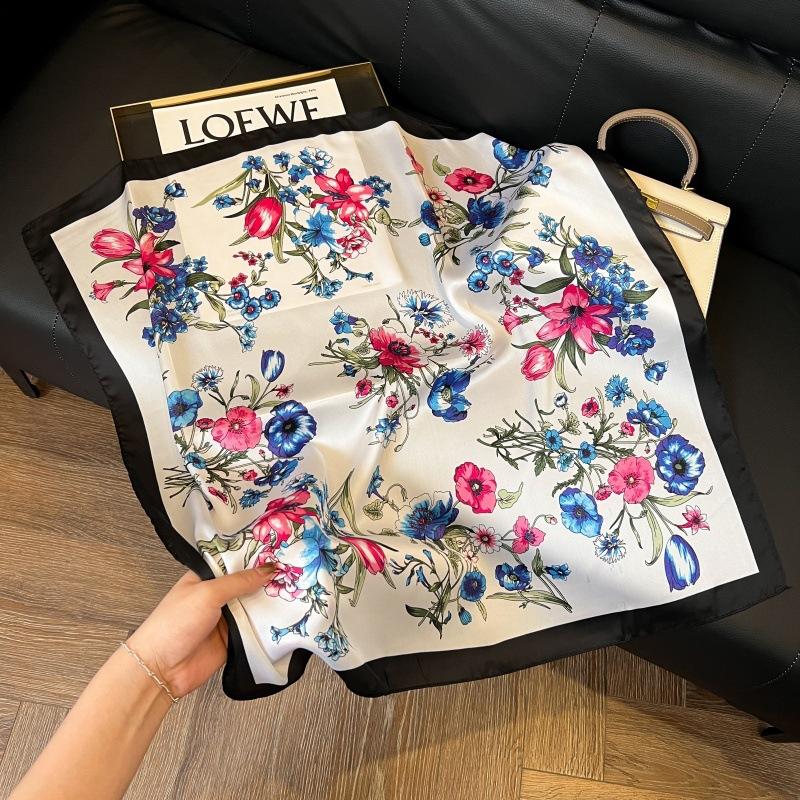 Silk scarf women's spring and autumn decoration versatile ins simple style striped square scarf streamer simulation silk fashion scarf scarf scarf