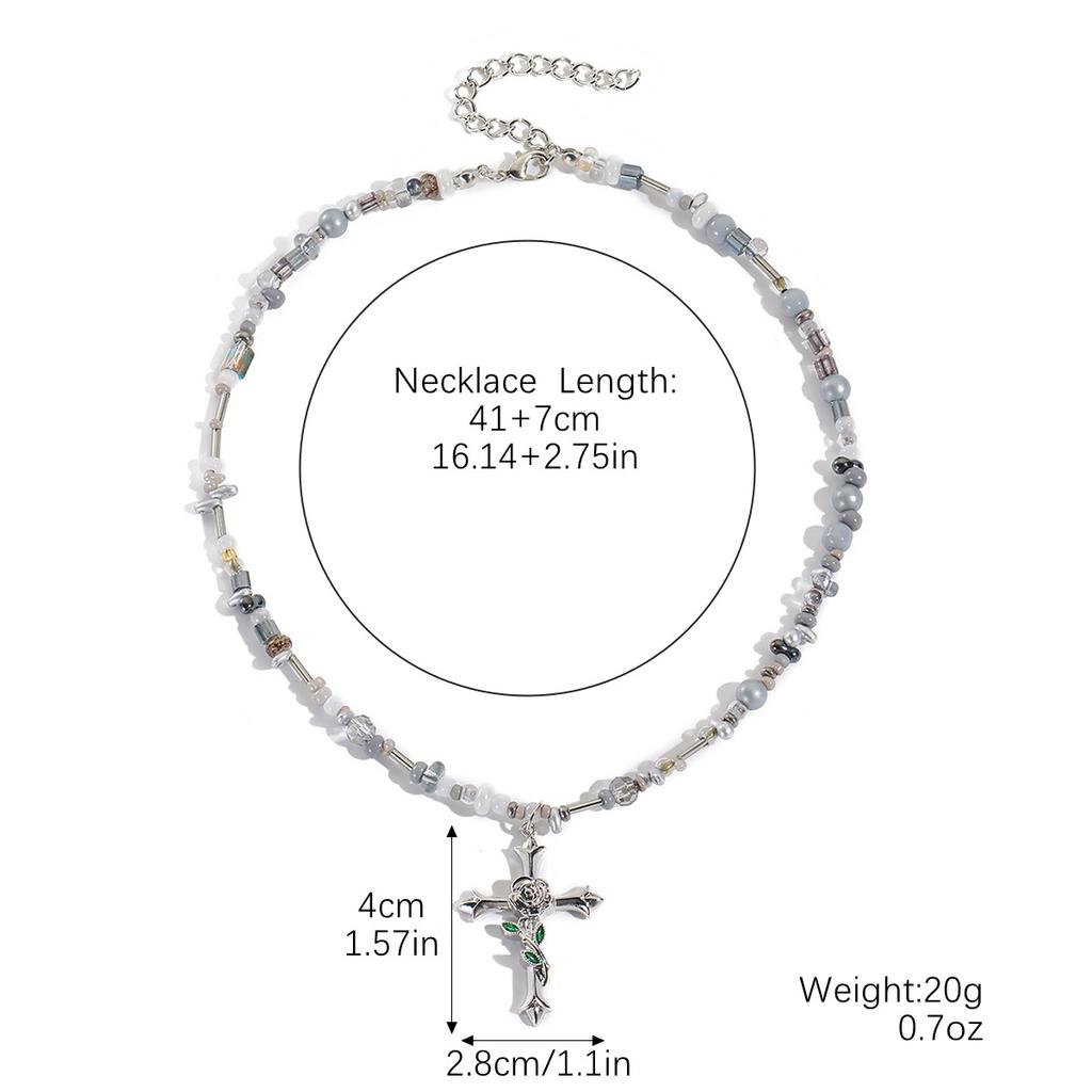 Necklace for Women Patchwork Rose Cross Pendant Necklace Personalized Irregular Crystal Beaded Collarbone Chain Beautiful Elegant Necklace for Her