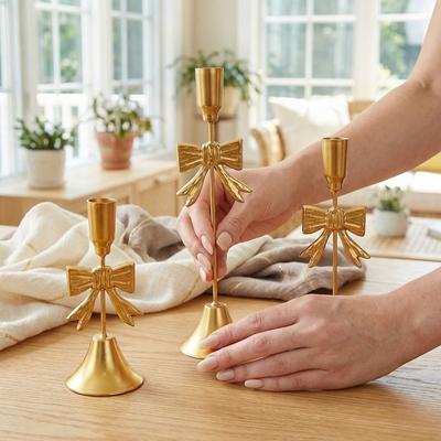 Electroplated Candle Stands Mirror Finish Iron Candlestick Bowknot Candle Holders  Dinning Table