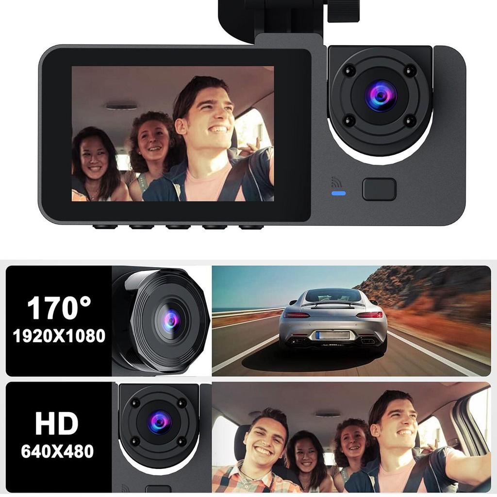 DVR para automóvil HD 1080P con 3 lentes para tablero de instrumentos, cámara de tres vías, grabadora de video, videocámara para tablero de instrumentos, pantalla IPS de 2.0 pulgadas y cámara trasera
