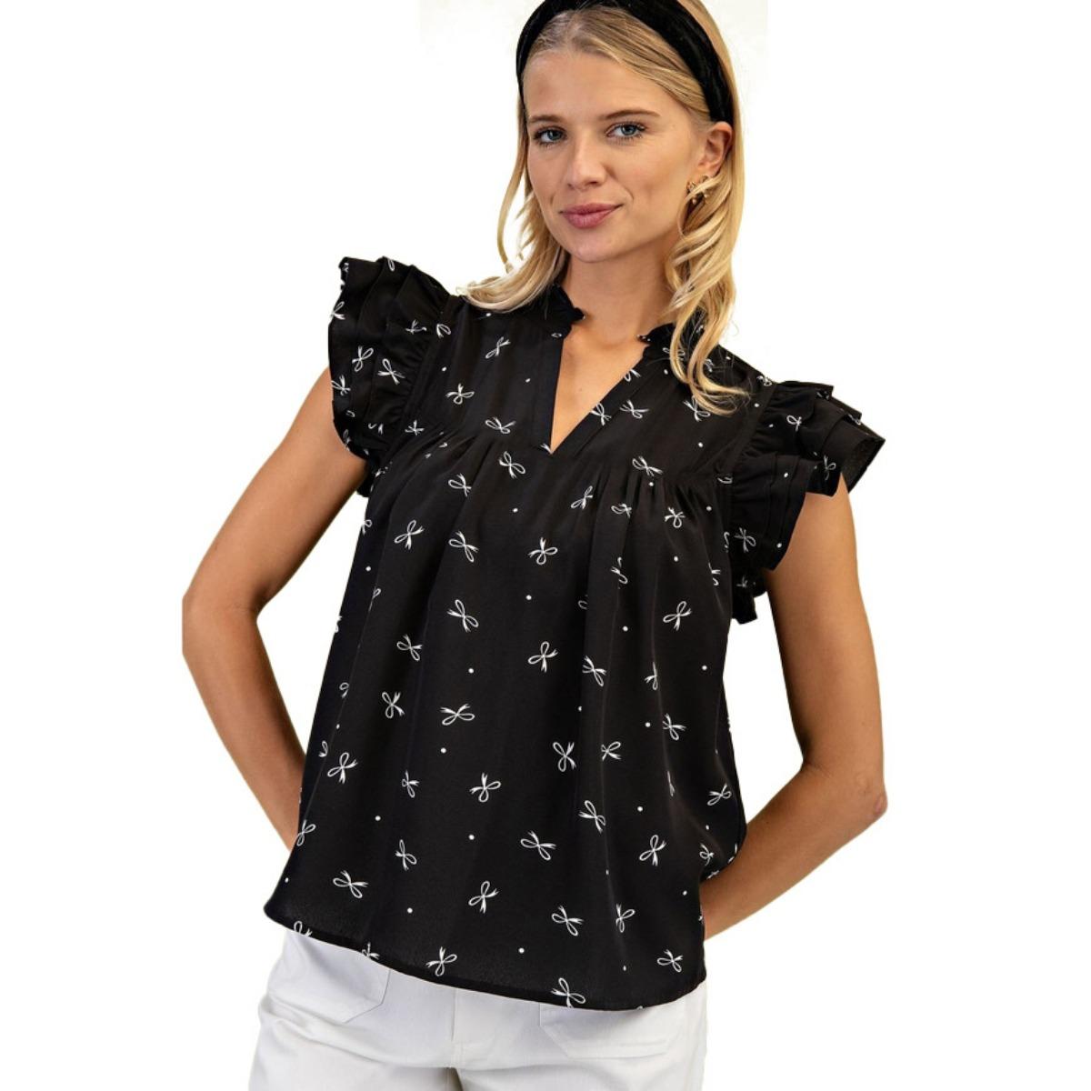 Summer New Women s Sweet Printed V-Neck Blouse with Multi-layer Ruffled Sleeves, Cross-border European American Women Shirt S