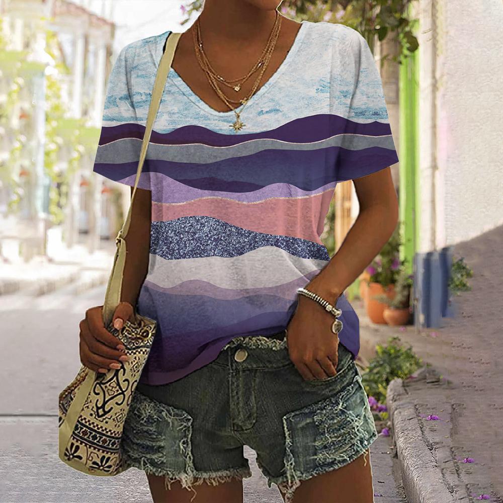Printed Striped T-shirt New Simple Clothes Casual V-neck Short-sleeved T-shirt Retro T-shirt Summer