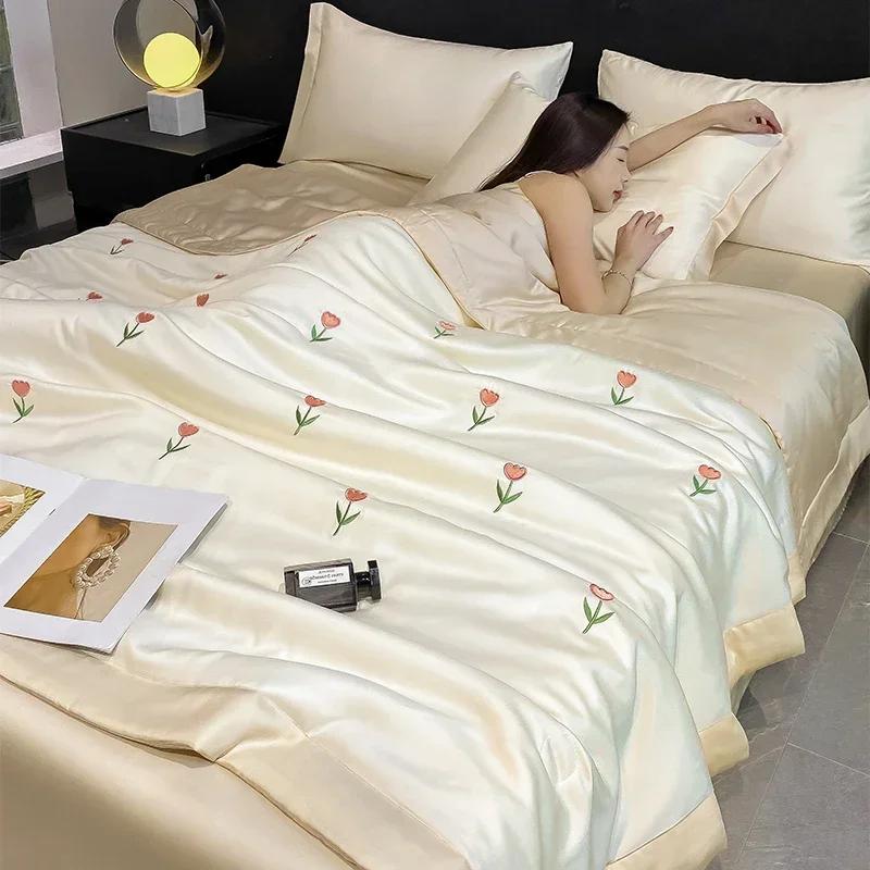 High-end Embroidered Spring Summer Quilt 4 Pcs Set or 3 Pcs Set or 1 Pcs Luxury Skin- Friendly Summer Blanket Lightweight Duvet