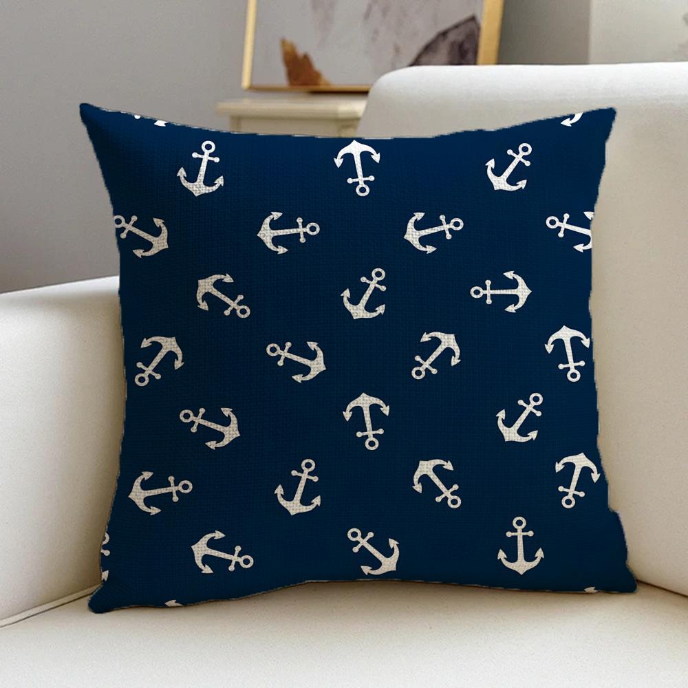 P-Nautical Style Cushion Cover Natural Linen Pillowcase Set, All-In-One Decor For Sofa, Bedroom & Chair