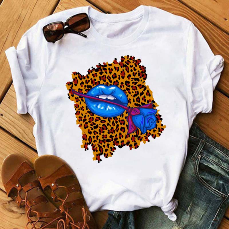 New Unisex Pink Lips Leopard Graphic T Shirt Casual Fahion Oneck Sexy Black Tees Kiss Lip Funny Girls Tshirtdrop Shipping