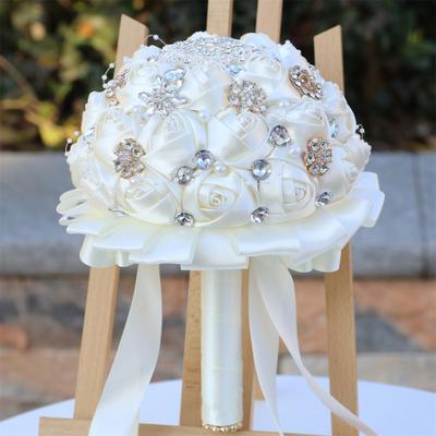 Wedding Bouquet for Bride Satin Artificial Flower Bridal Bouquet with Rhinestones Faux Pearls Bridesmaid Flower Bunch with Handle for Wedding
