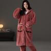 nightgown women's buckle autumn and winter thickened fleece flannel long pajamas coral fleece thermal bathrobe morning gown with pants