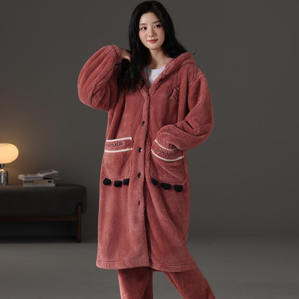 nightgown women's buckle autumn and winter thickened fleece flannel long pajamas coral fleece thermal bathrobe morning gown with pants