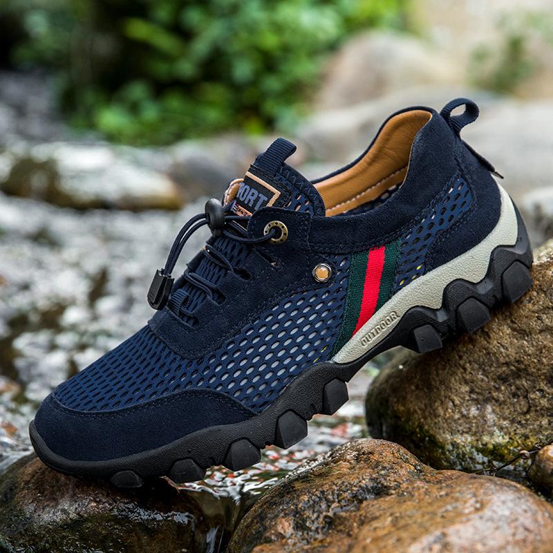 

Mesh shoes summer creek shoes breathable and versatile real mesh casual outdoor non-slip wear-resistant hollow shoes men 46 синий