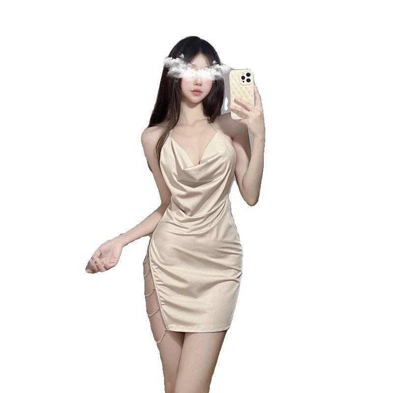 Sex lingerie nightclub sexy secretary seduction side chain halter neck slit skirt hottie dress temperament women