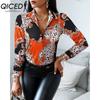 QICED Women's Fashion Casual Solid Color Print Long Sleeve POLO Neck Blouses & Shirts