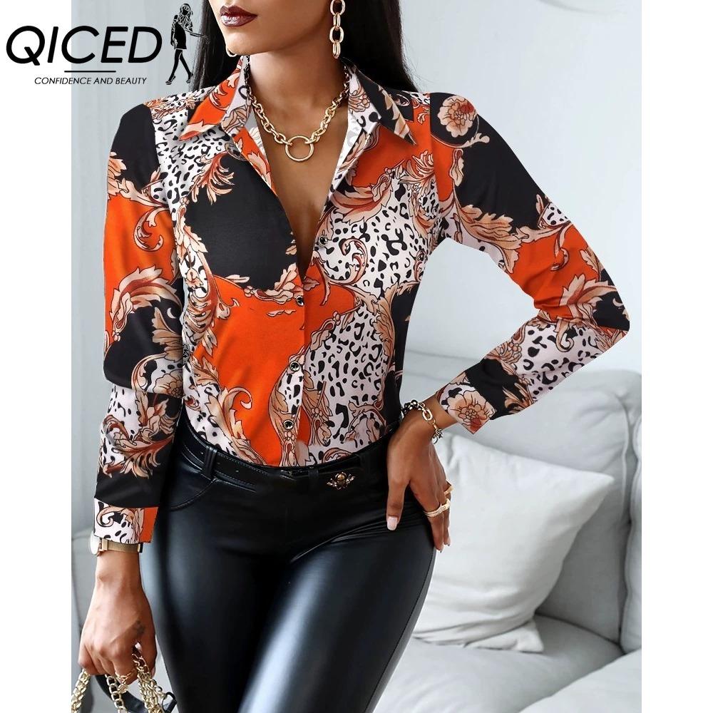 QICED Women's Fashion Casual Solid Color Print Long Sleeve POLO Neck Blouses & Shirts