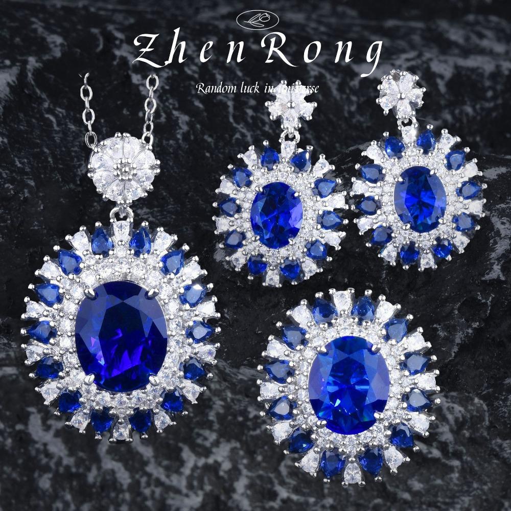 Vintage Royal Blue Sapphire Jewelry Set for Women Necklace Pendant Ring Earrings Elegant Gemstone