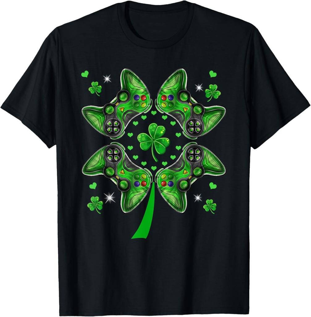 Gamer Controller Shamrock St Patricks Day Graphic Tee Soft Cotton T-Shirt Irish Gaming