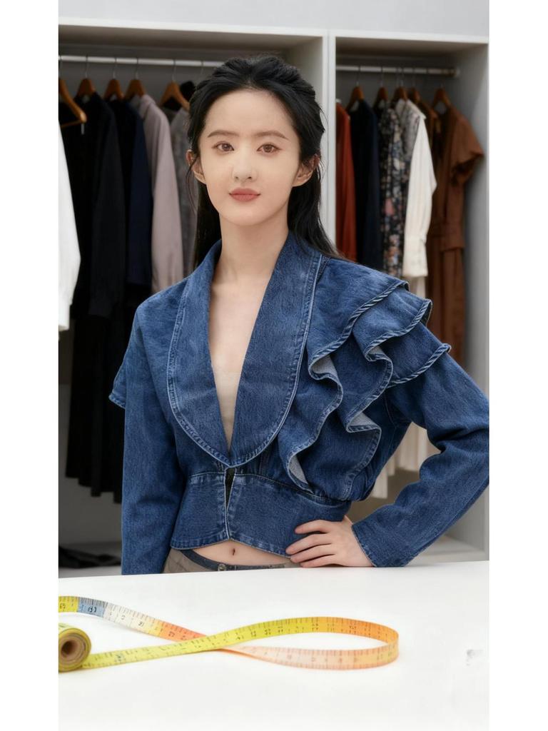 Korean-Style Ruffle Slim-Fit V-Neck Denim Jacket
