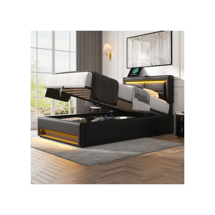 Lit rembourré - MUVOE - 90 x 200 cm - USB - Éclairage LED - Rangement sous le lit